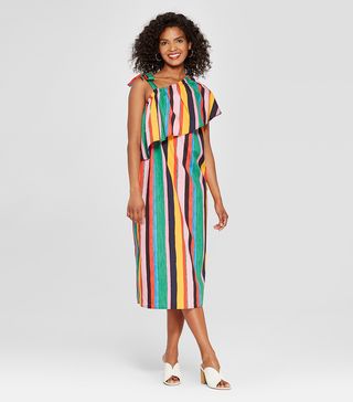 Who What Wear + Striped Off the Shoulder Ruffle Midi Dress