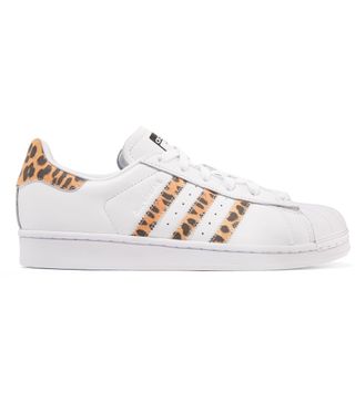 Adidas Originals + Superstar Leopard Print-Trimmed Leather Sneakers