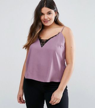 ASOS Curve + Satin Cami With Lace Plunge & Tie Back