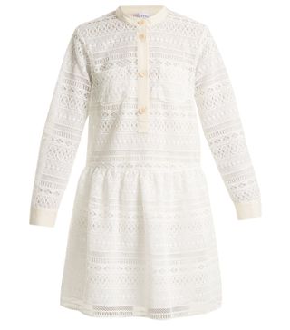 Red Valentino + High-Collar Macramé-Lace Dress