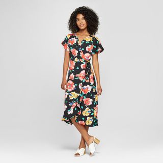 Who What Wear + Floral Print Short Flutter Sleeve Wrap Midi Dress