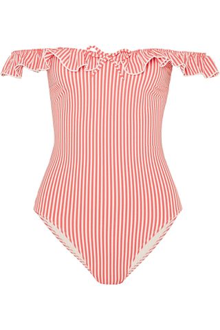 Solid 
Striped + The Amelia Off-the-Shoulder Ruffle-Trimmed Seersucker Swimsuit