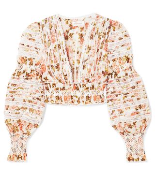 Zimmermann + Radiate Cropped Smocked Floral-Print Linen and Silk-Blend Top