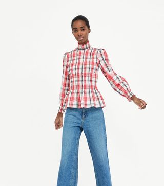 Zara + Checked Top With Smocked Trim