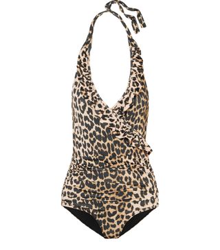 Ganni + Avalon Ruffled Leopard-Print Halterneck Swimsuit