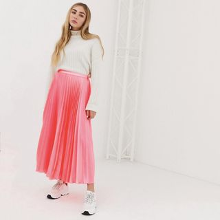 ASOS + Pink Pleated Midi Skirt