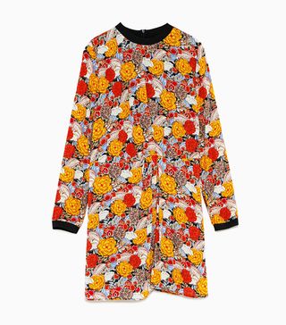 Zara Trf + Printed Dress With Ribbed Trims