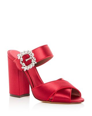 Tabitha Simmons + Reyner Embellished Satin High Block Heel Slide Sandals