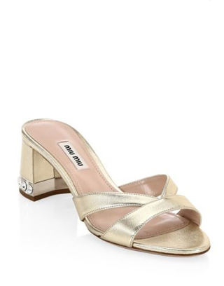 Miu Miu + Metallic Crystal Block-Heel Sandals