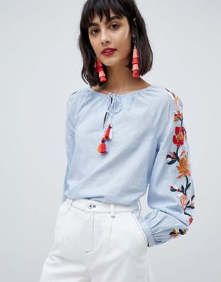 Esprit + Embroidered Sleeve Peasant Top