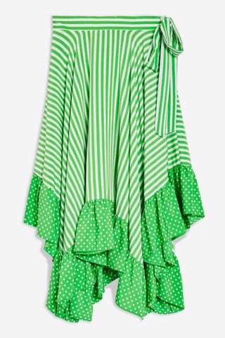Topshop + Spot and Striped Ruffle Midi Skirt