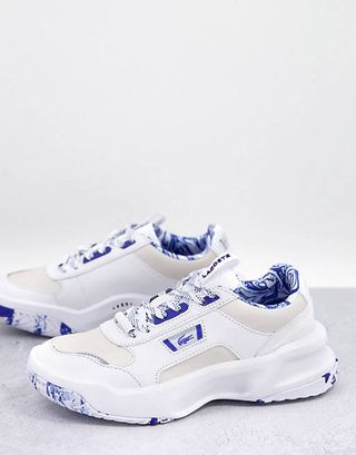 Lacoste + Ace Lift Leather Chunky Marble Trainers in White and Blue