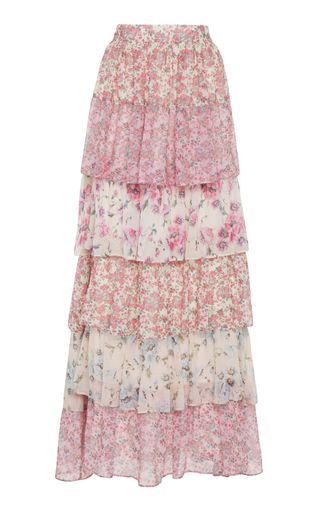 LoveShackFancy + Carmen Tiered Floral-Print Silk Maxi Skirt