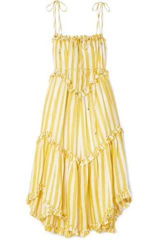 Zimmermann + Lumino Asymmetric Ruffled Striped Linen Midi Dress