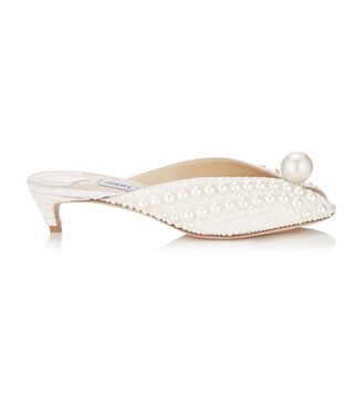 Jimmy Choo + White Satin Mules with All Over Pearls