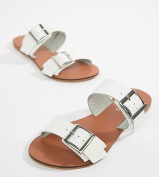 ASOS Design + Wide Fit Victorious Leather Buckle Sliders