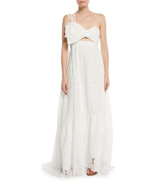 Johanna Ortiz + One-Shoulder Cotton Eyelet Maxi Dress With Bow Top