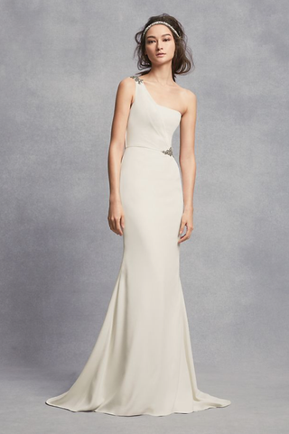White by Vera Wang + Crystal-Accented One-Shoulder Sheath Wedding Dress