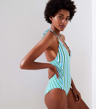 Loft + Beach Striped Halter One-Piece Swimsuit
