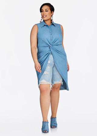 Ashley Stewart + Knot Front Denim Duster