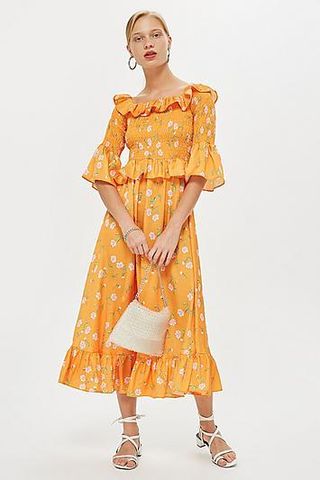 Topshop + Shirred Floral Bardot Dress