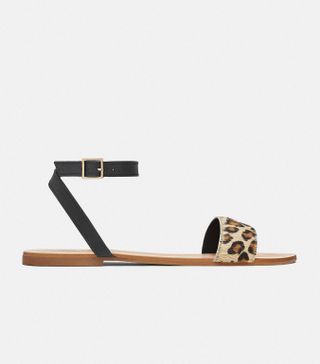 Zara + Flat Leather Sandals With Leopard-Print Strap