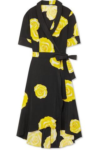 Ganni + Floral-Print Washed-Silk Wrap Dress