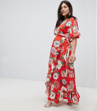 ASOS + Ruffle Wrap Maxi Dress in Floral Jacquard