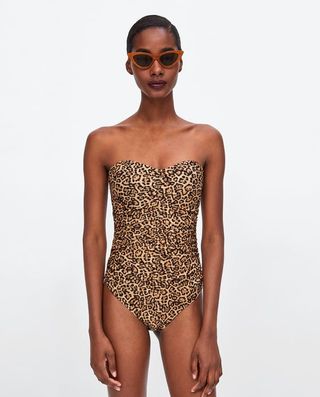 Zara + Animal Print Draped Swimsuit