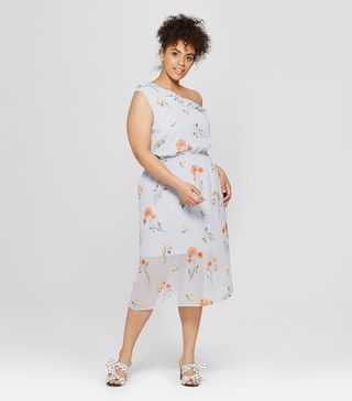 Who What Wear + Floral Print One Shoulder Ruffle Midi Dress