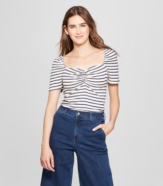 Who What Wear + Striped Short Puff Sleeve Square Neck Top