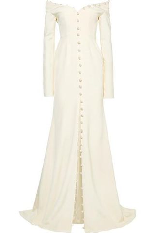 Danielle Frankel + Off-the-Shoulder Pearl-Embellished Silk-Crepe Gown