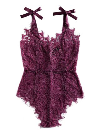 Didk + Ribbon Tie Shoulder See Though Floral Lace Bodysuit