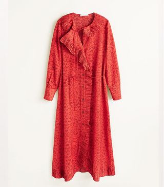 Mango + Red Snakeskin Print Plis Long Sleeve Midi Dress