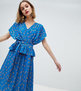 Lost Ink + Wrap Front Midi Dress With Button Detail in Ditsy Floral
