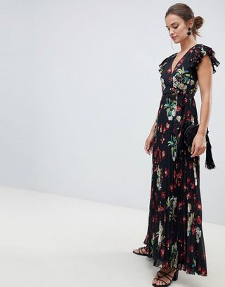 ASOS Design + Pleated Maxi Dress With Flutter Sleeve in Vintage Floral Print