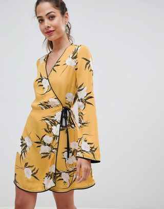 Miss Selfridge + Wrap Tea Dress With Floral Print in Yellow