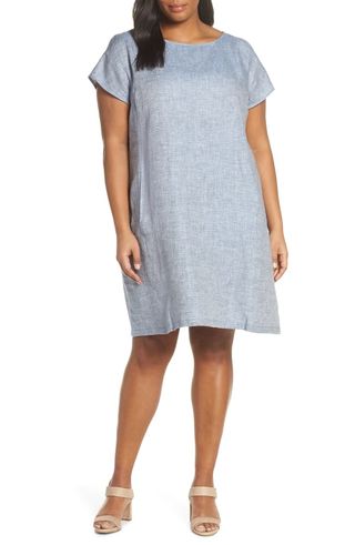 Eileen Fisher + Bateau Neck Chambray Shift Dress