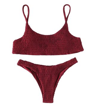 Solyhux + Two Piece Solid Color Shirred Bikini Set