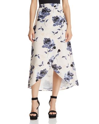 Olivaceous + Floral Print Faux-Wrap Skirt