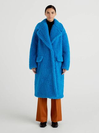 United Colors of Benetton + Long Coat in Synthetic Fur