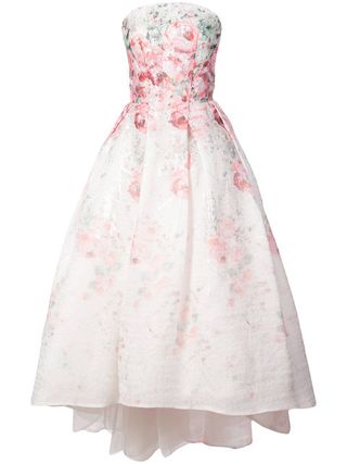 Monique Lhuillier + Flared Strapless Floral Print Dress