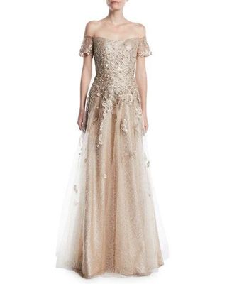 Rene Ruiz + Off-the-Shoulder Gown With Tulle & Floral Appliqué