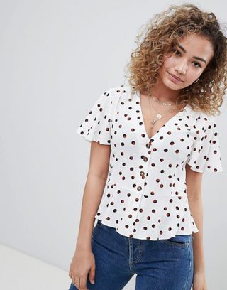Miss Selfridge + Polka Dot Blouse With Button Front Detail in Cream