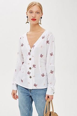 Topshop + Embroidered Button Down Blouse