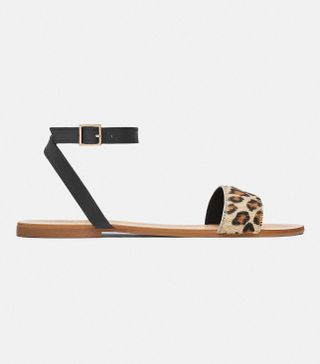 Zara + Flat Leather Sandals With Leopard Print Strap