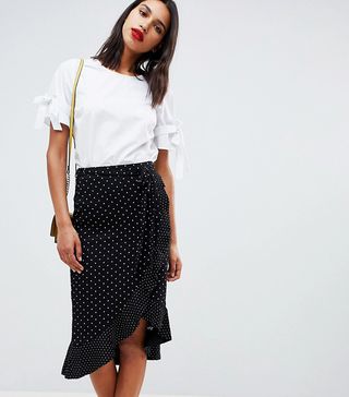 Oasis + Wrap Midi Skirt With Frill Detail in Polka Dot