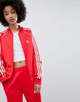 Adidas Originals + Adicolor Three Stripe Track Jacket in Red