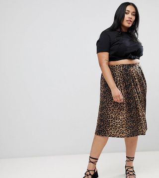 ASOS Curve + Box Pleat Midi Skirt in Leopard Print