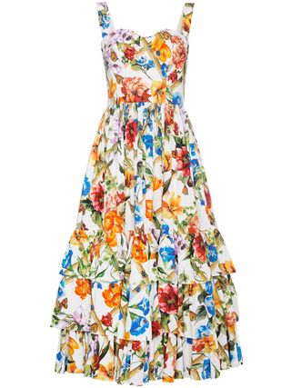 Dolce & Gabbana + Floral Cotton Dress With Ruffles